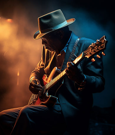 Bluesgitarrist im Sitzen spielend vor einem dunklen Hintergrund
