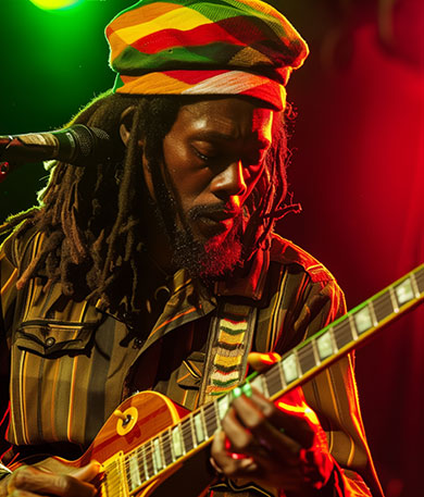 Reggae Gitarrist in den typischen Reggae-Farben